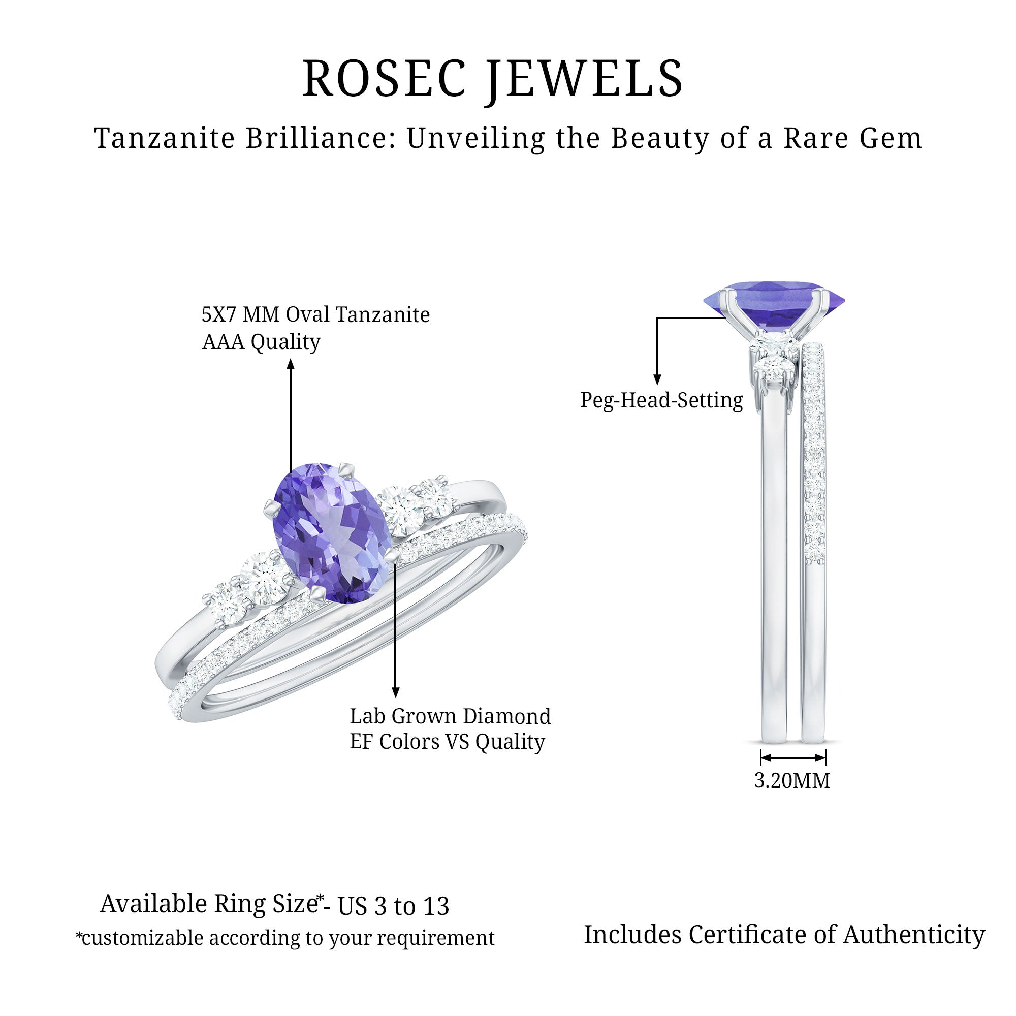 Natural 0.9 Carat Tanzanite and Diamond Oval Engagement Ring with Wedding Band
