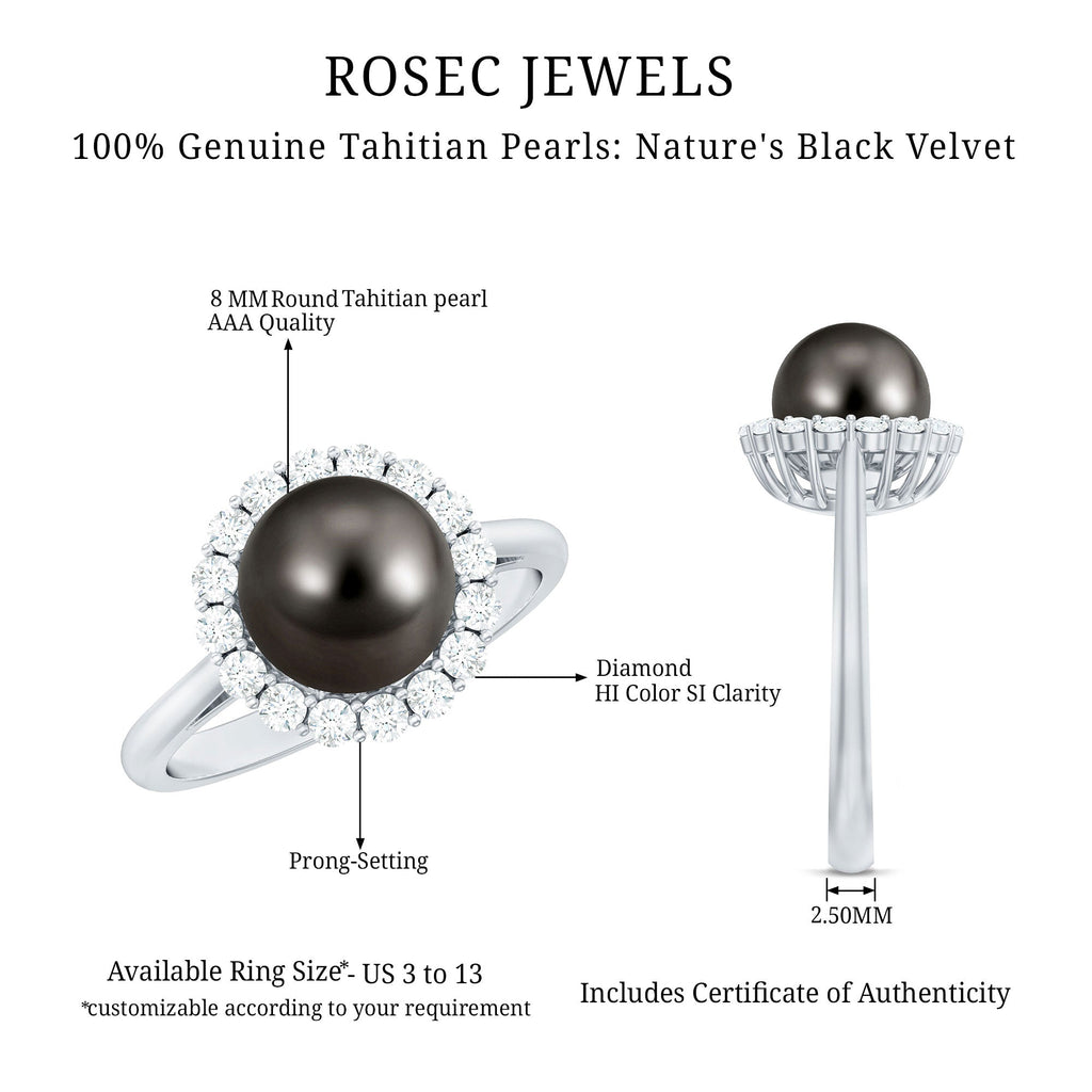 Natural Tahitian Pearl and Diamond Halo Engagement Ring