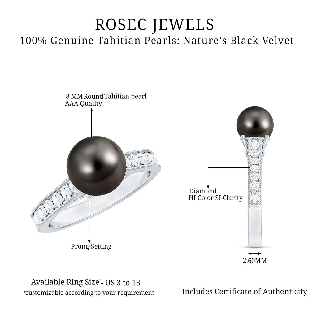 Natural Tahitian Pearl Cathedral Engagement Ring with Diamond Side Stones