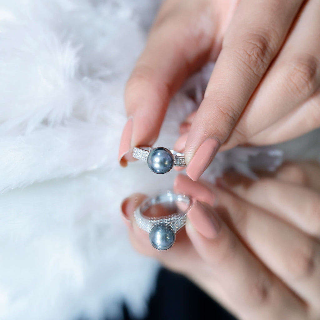 Natural Tahitian Pearl Cathedral Engagement Ring with Diamond Side Stones