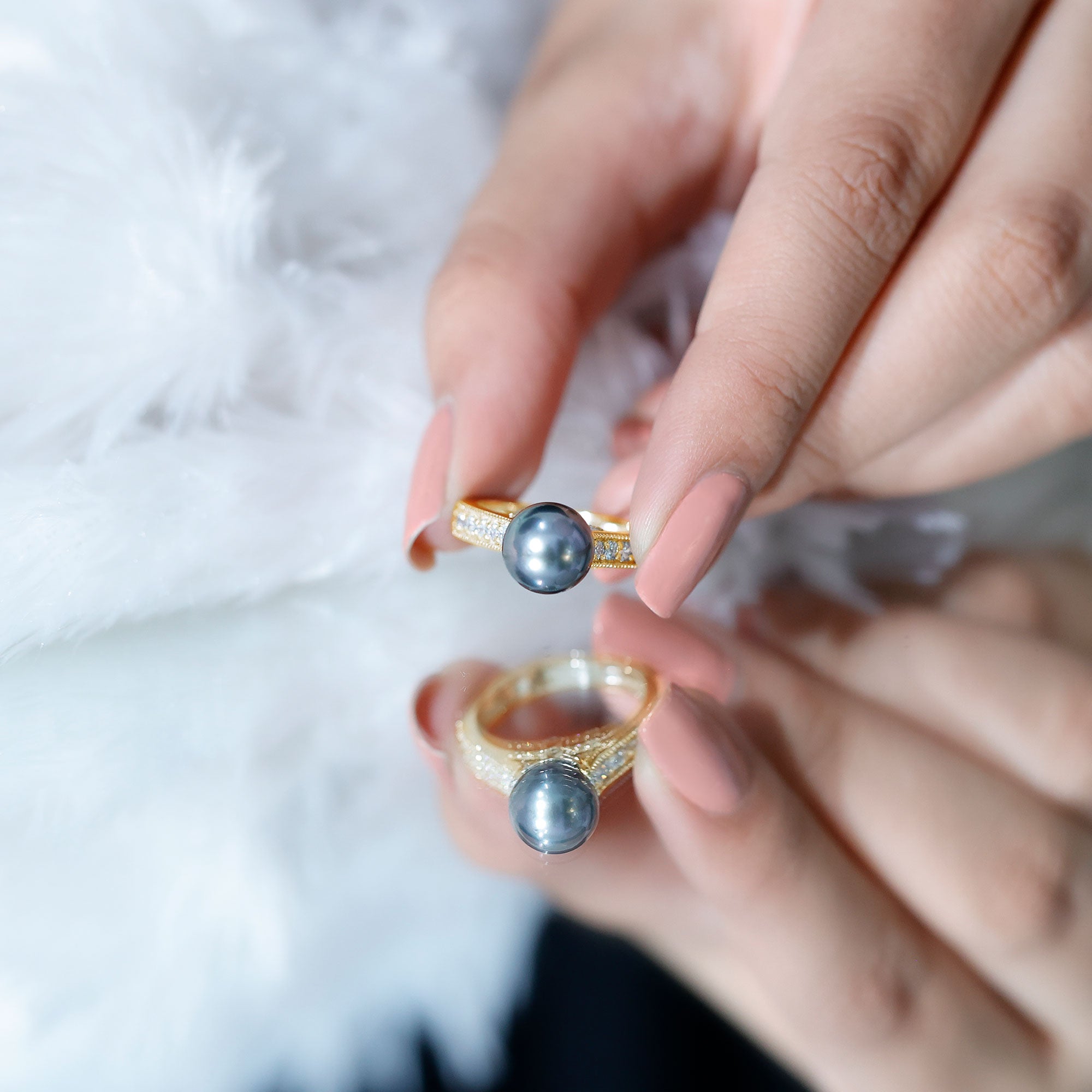 Natural Tahitian Pearl Cathedral Engagement Ring with Diamond Side Stones