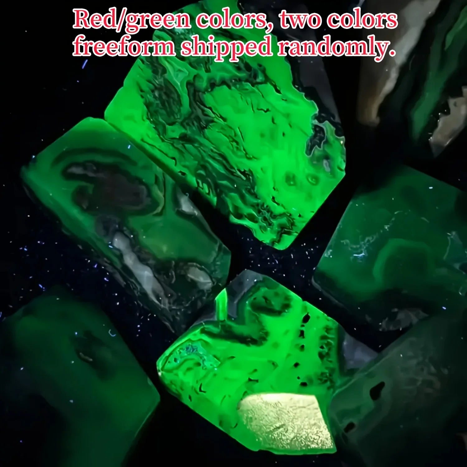 Fluorescent Volcanic Agate Palm Specimen, UV Reactive Red & Green, Freeform Crystal with Black Spots, Home Decor