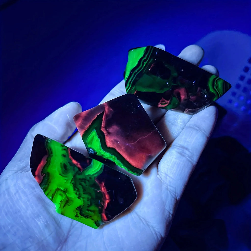 Fluorescent Volcanic Agate Palm Specimen, UV Reactive Red & Green, Freeform Crystal with Black Spots, Home Decor