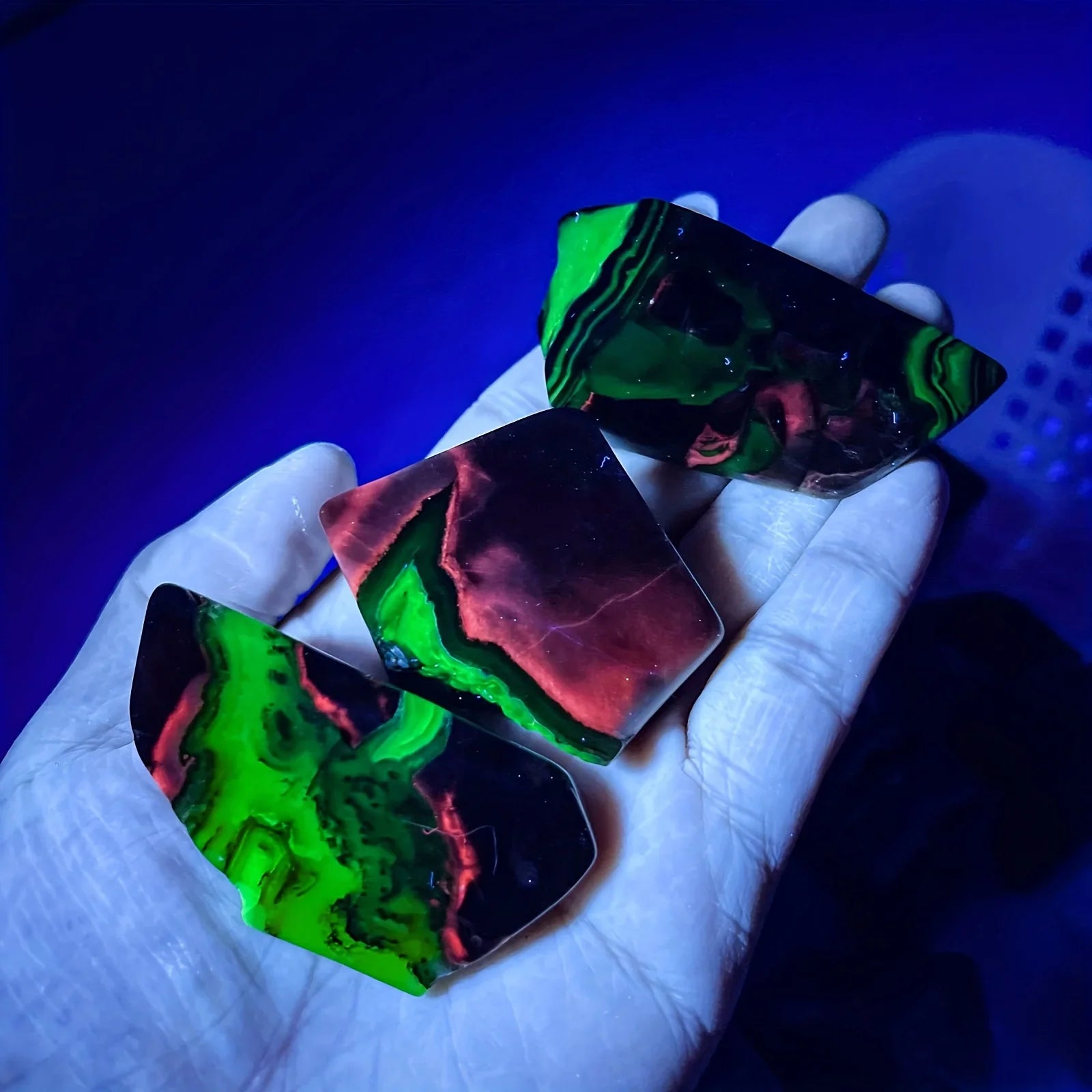 Fluorescent Volcanic Agate Palm Specimen, UV Reactive Red & Green, Freeform Crystal with Black Spots, Home Decor