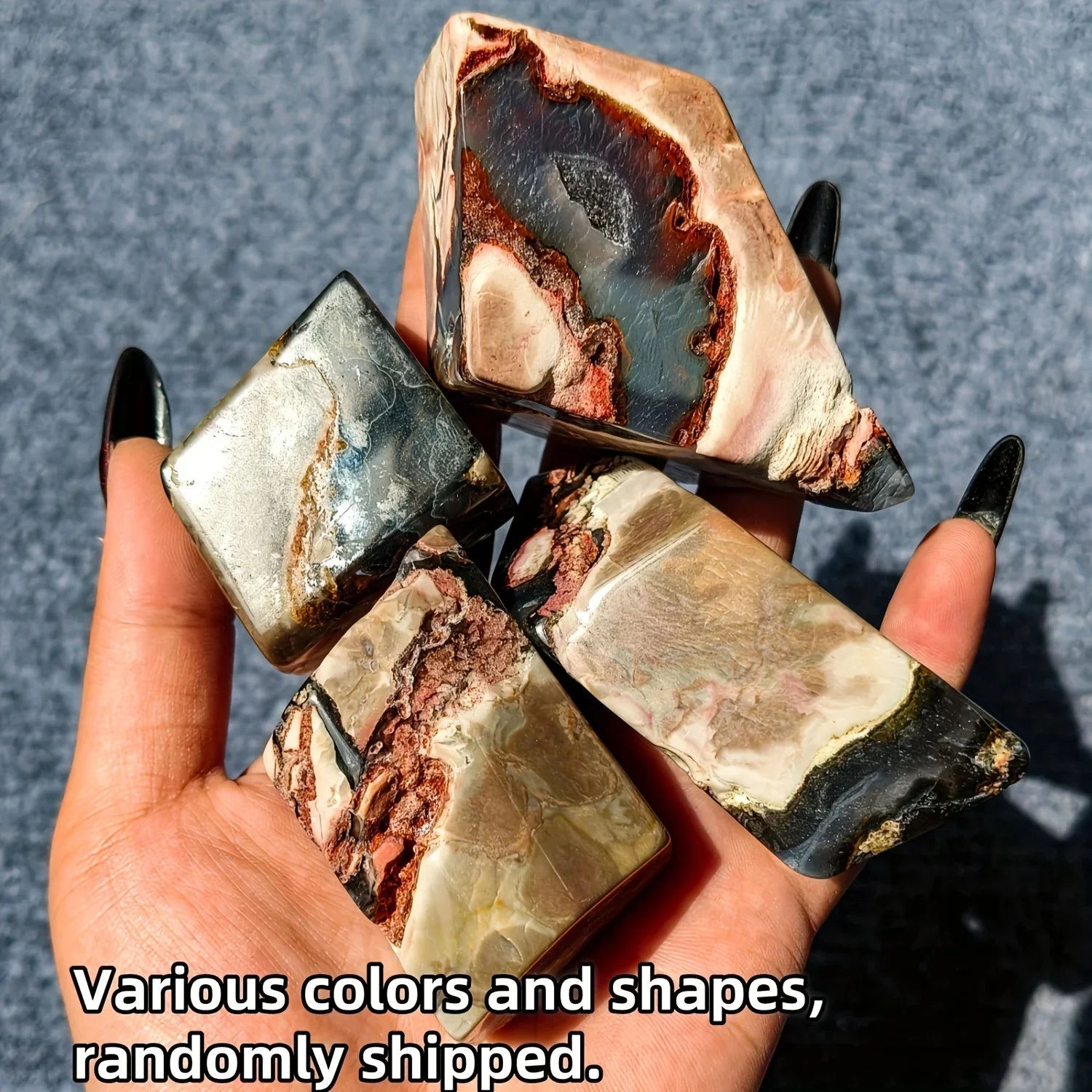Fluorescent Volcanic Agate Palm Specimen, UV Reactive Red & Green, Freeform Crystal with Black Spots, Home Decor