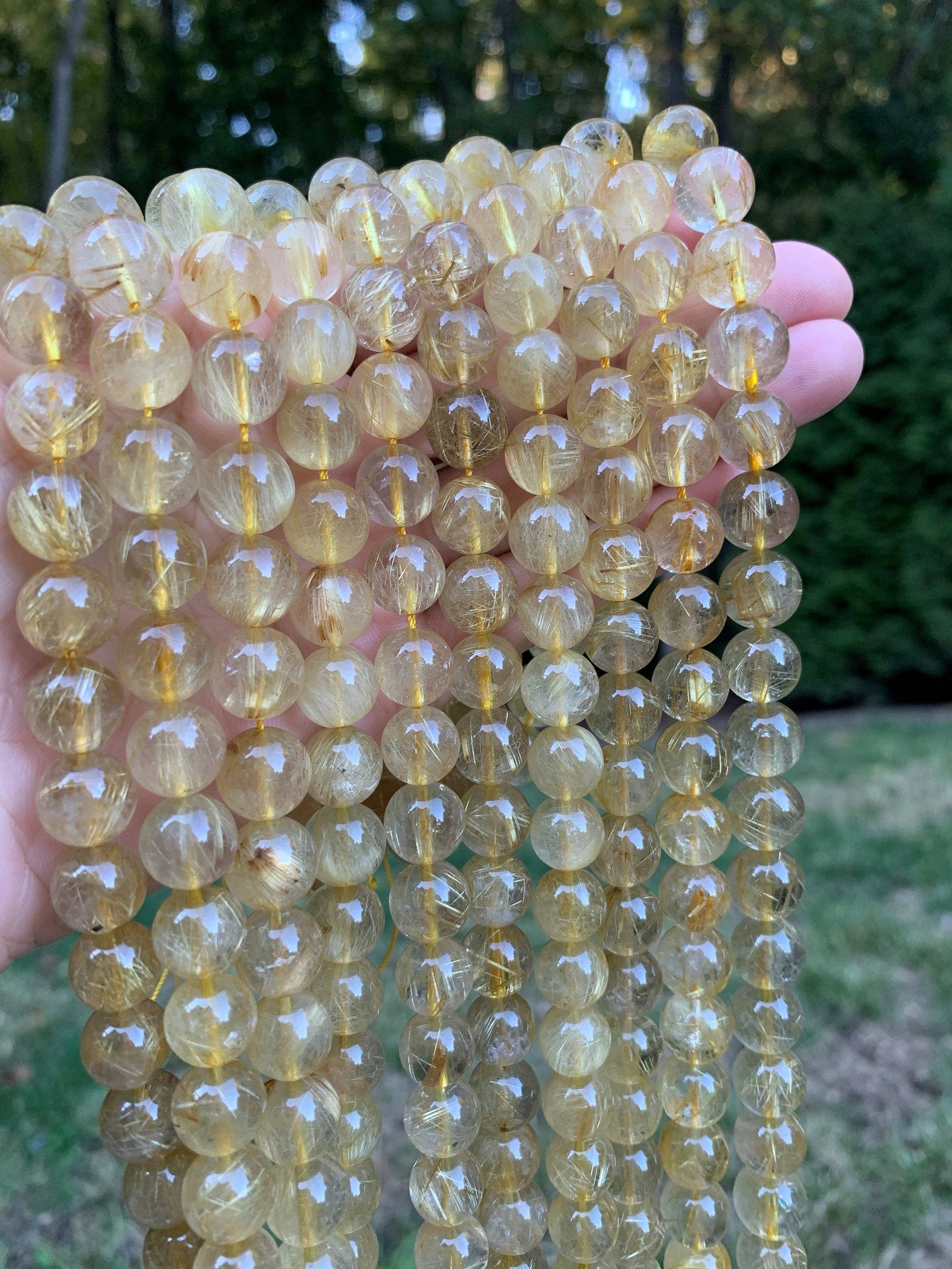 High Quality Natural Rutilated Quartz, 6mm/8mm/10mm/12mm Round Smooth Beads, 15.5" Full Strand, Sku#R302