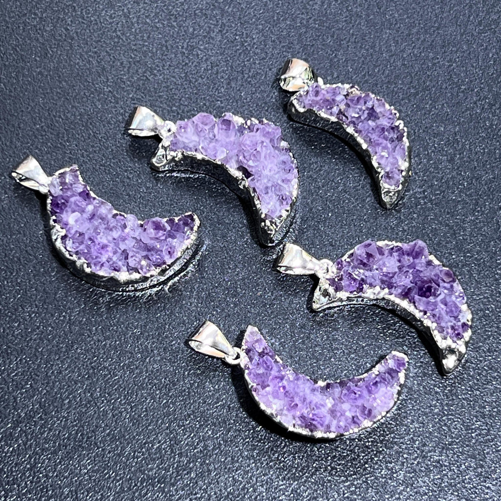 Amethyst Druzy Crystal Crescent Moon Pendant (Silver Plated)