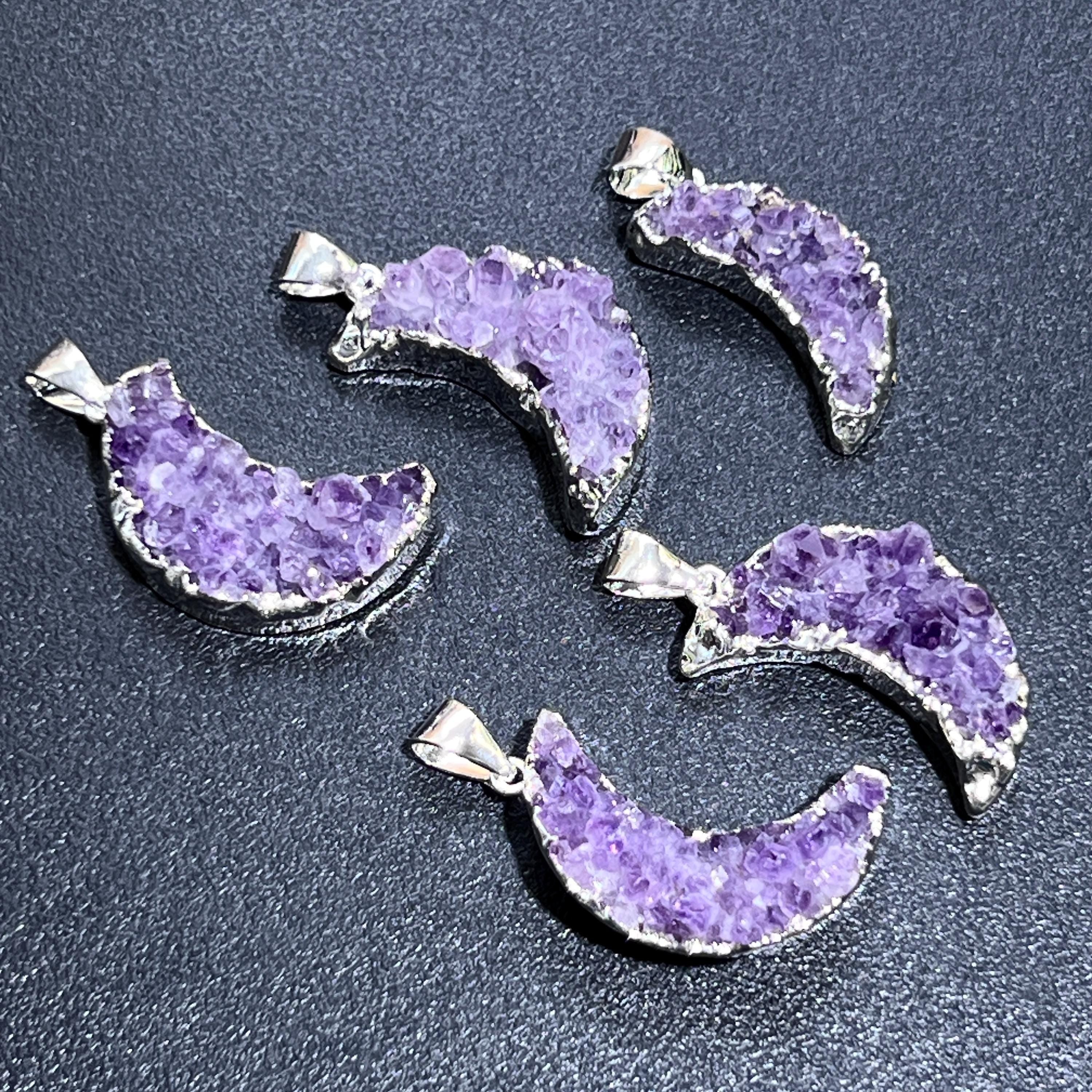 Amethyst Druzy Crystal Crescent Moon Pendant (Silver Plated)