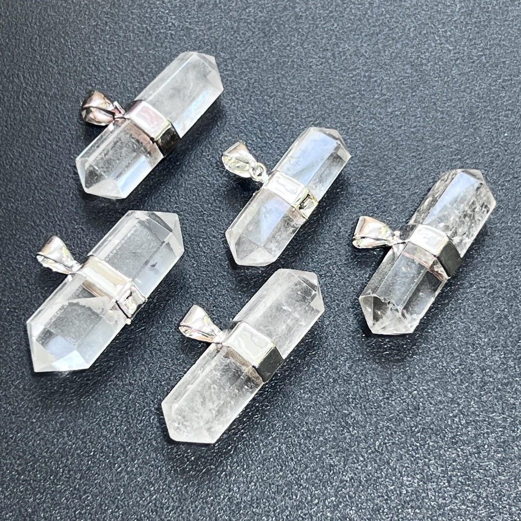 Quartz Crystal Double Terminated Faceted Point Pendant (Silver Plated)