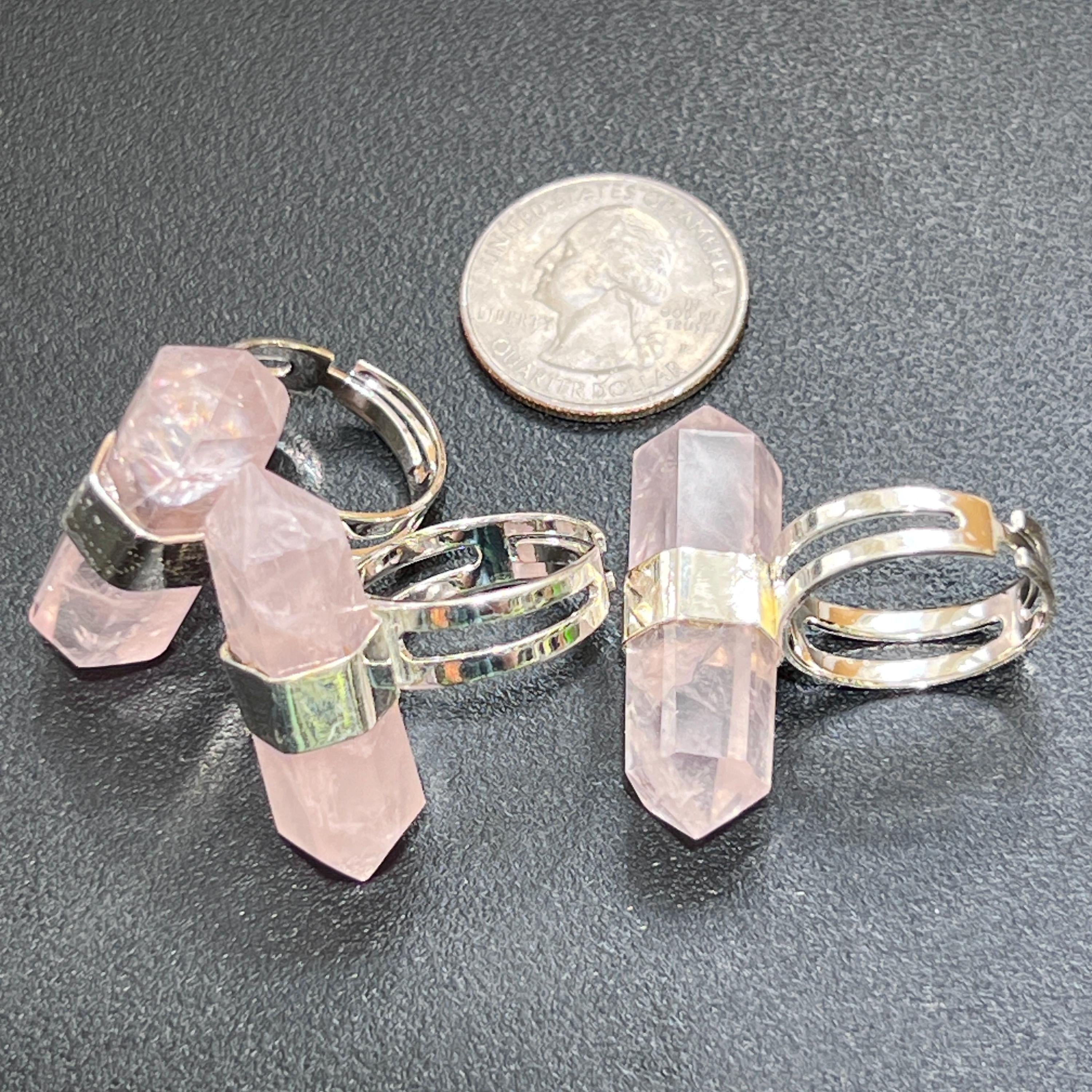 Pink Rose Quartz Crystal Point Adjustable Ring (Silver Plated)