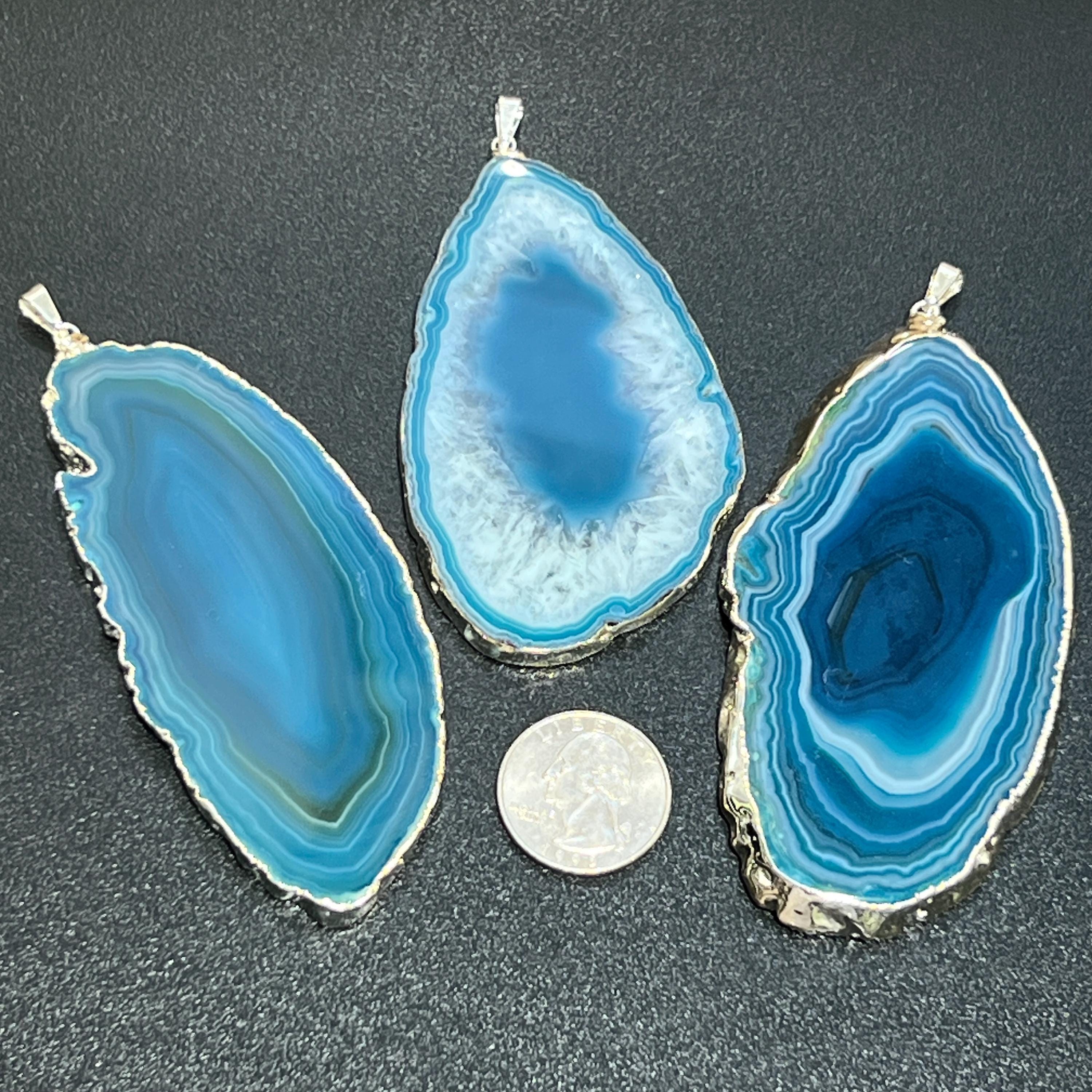 Teal Agate Slice Pendant (Silver Plated Edges)