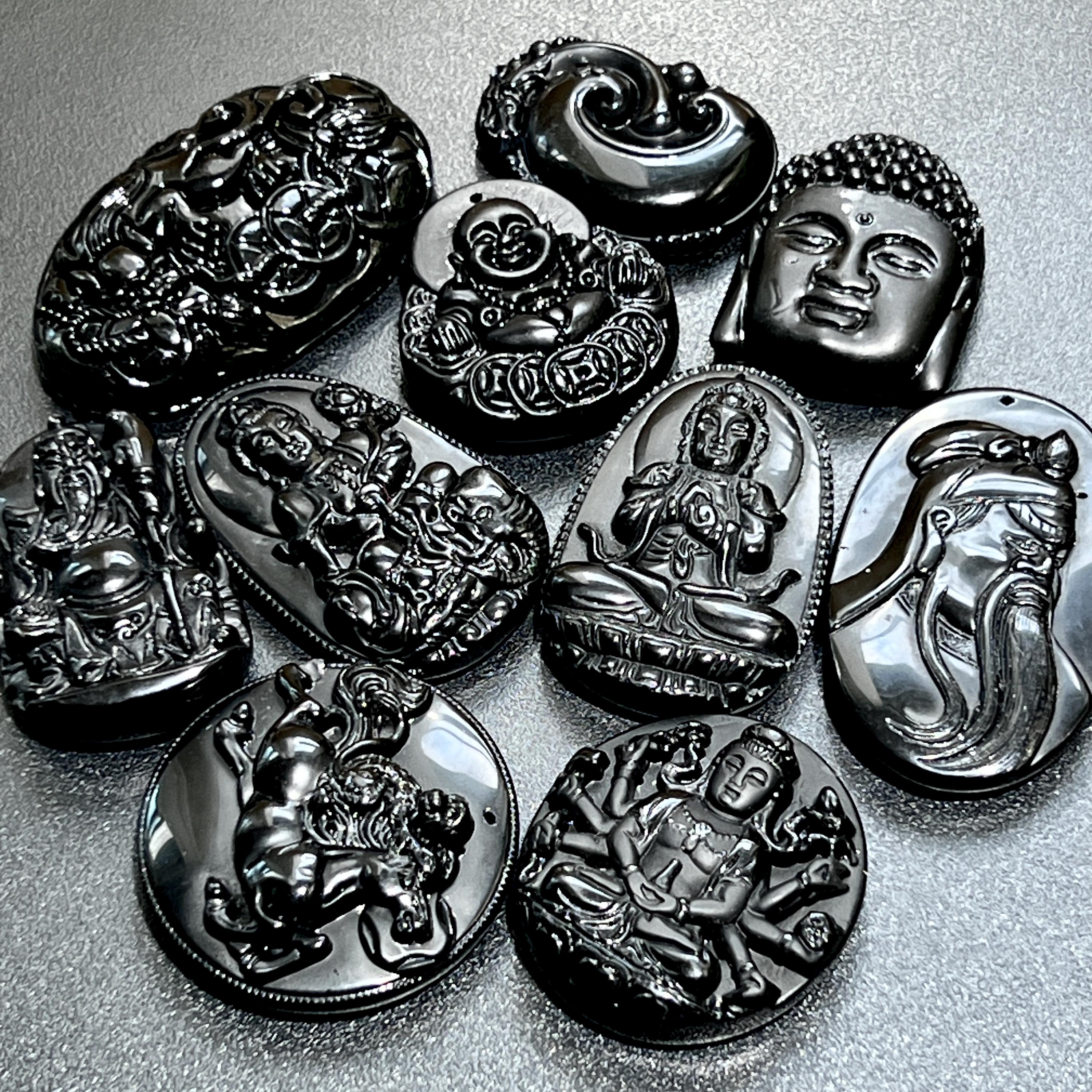 Black Obsidian Large Drilled Medallion Carvings - Mixed