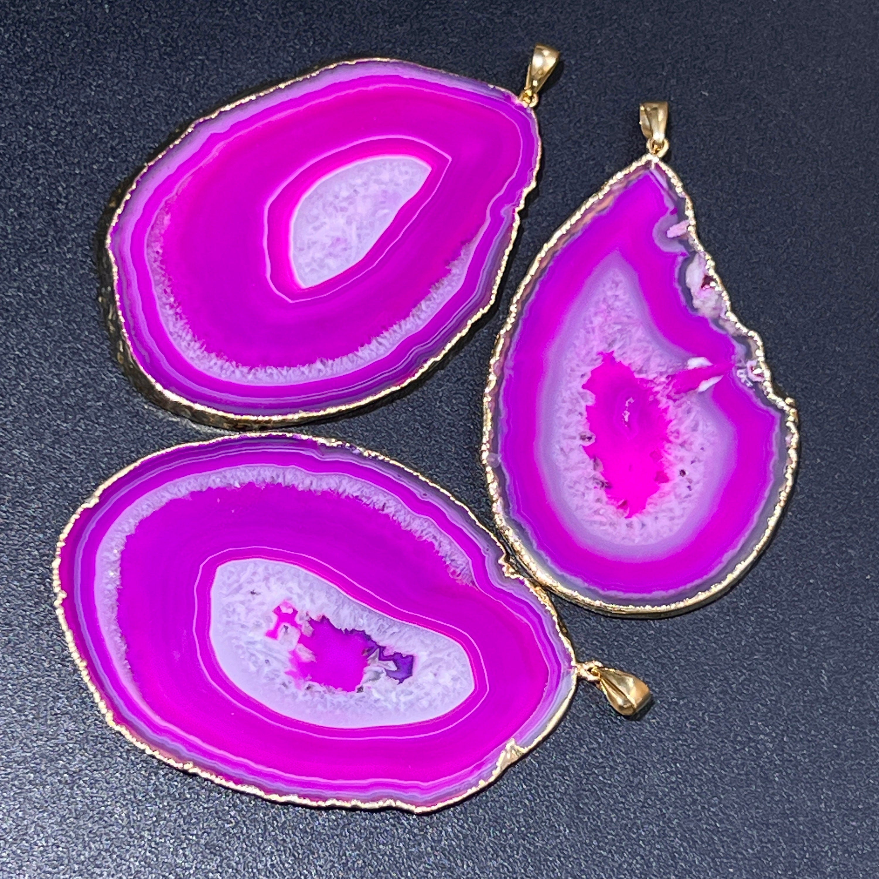 Large Pink Agate Slice Crystal Pendant (Gold Plated Edges)