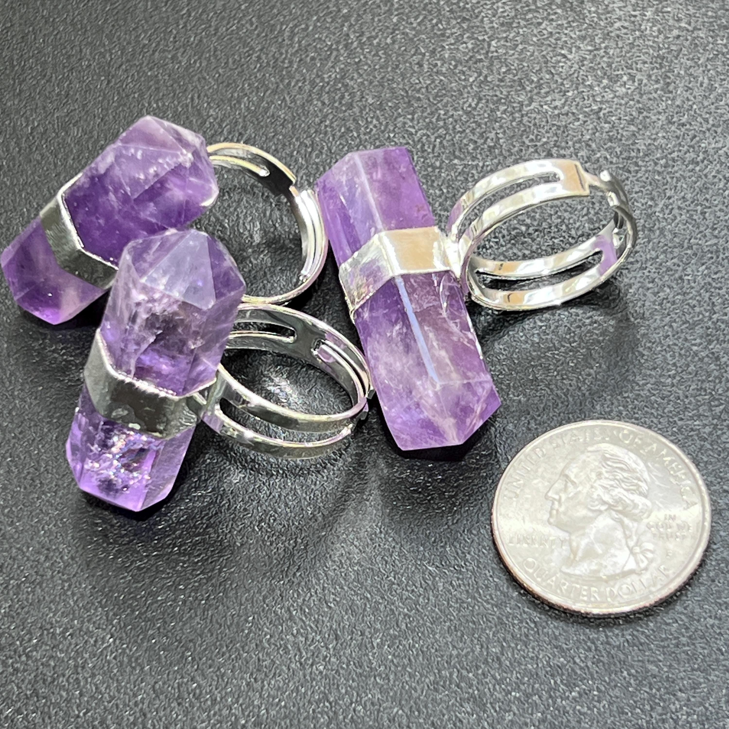 Amethyst Crystal Point Adjustable Ring (Silver Plated)
