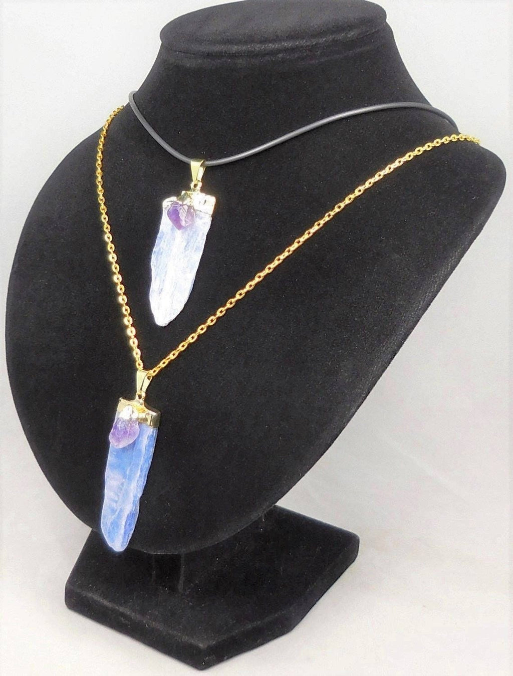 Kyanite And Amethyst Crystal Point Pendant (Gold Plated)
