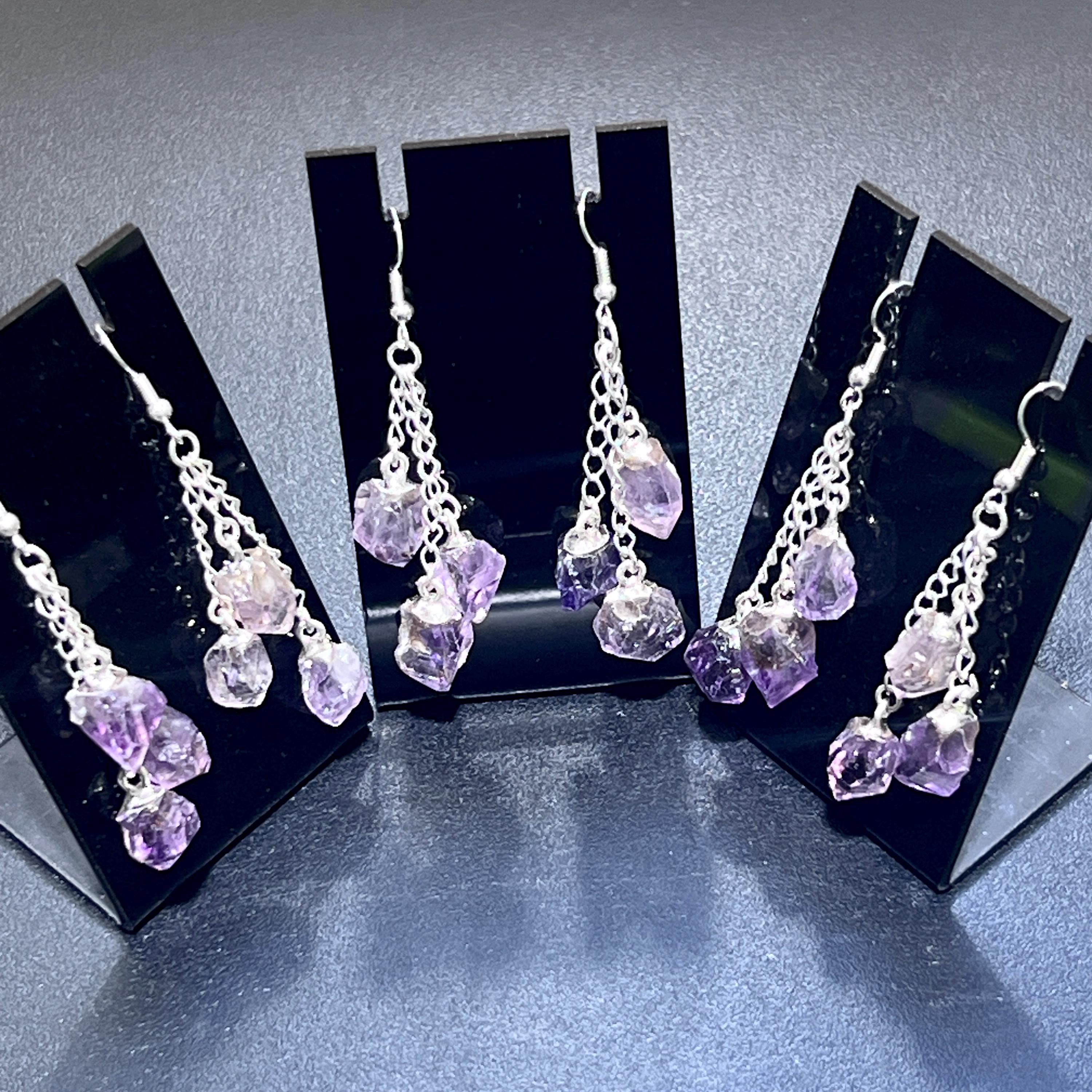 Amethyst Crystal Long Dangle Earrings Pair