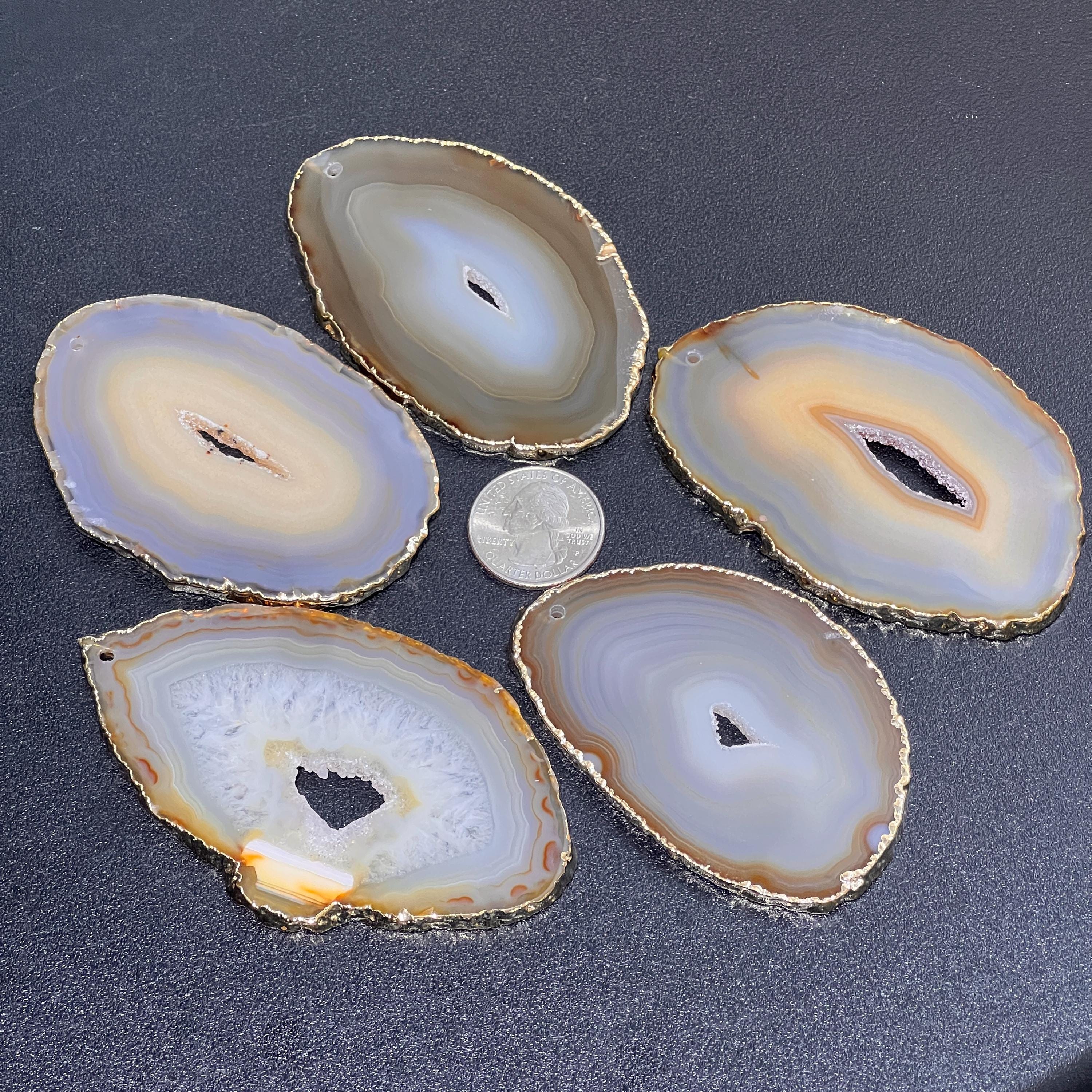 Natural Gray Brown Agate Slice Top Drilled Hole (Gold Plated Edges, 2mm Hole)