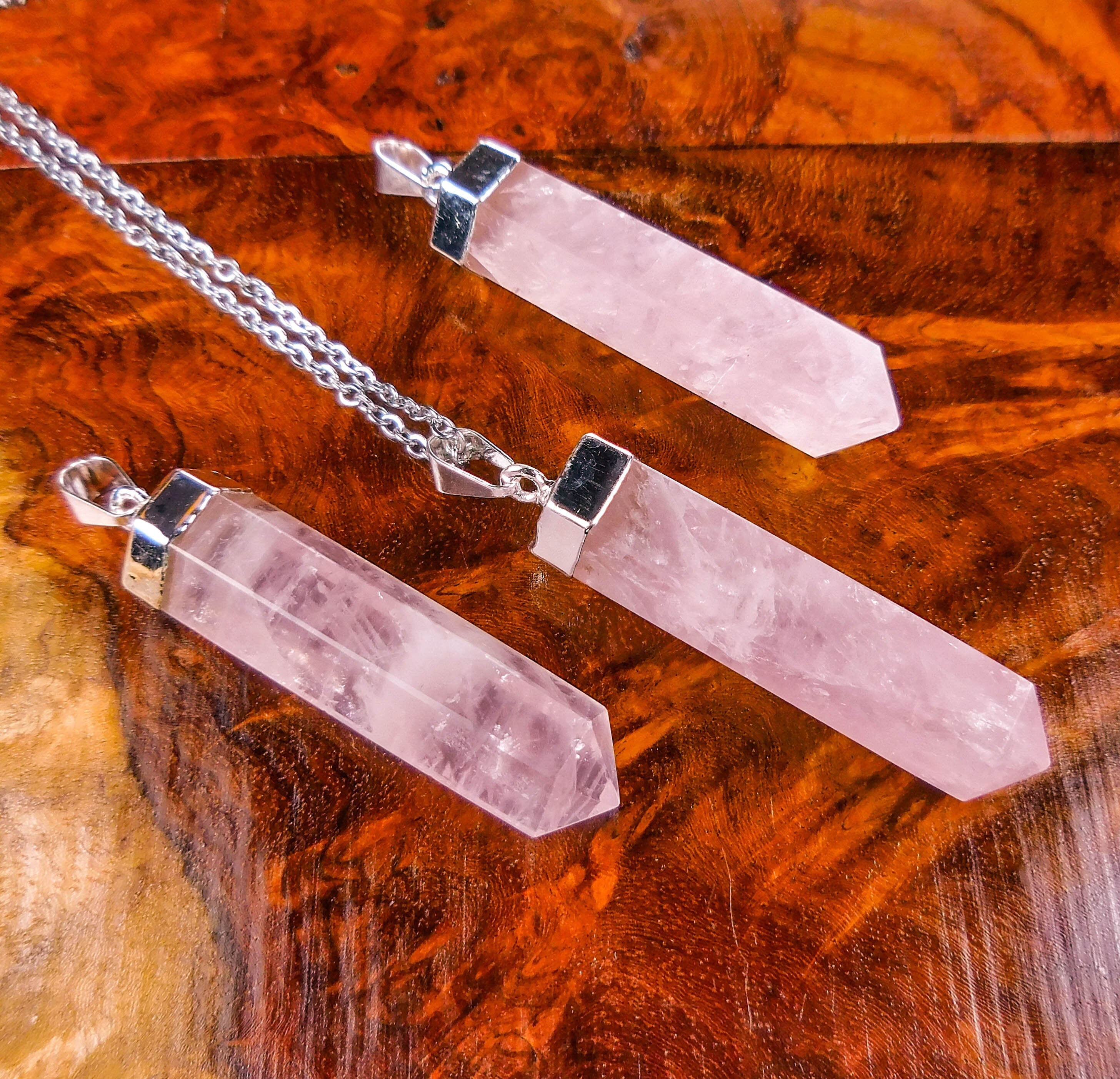 Pink Rose Quartz Crystal Point Pendant (Silver Plated)
