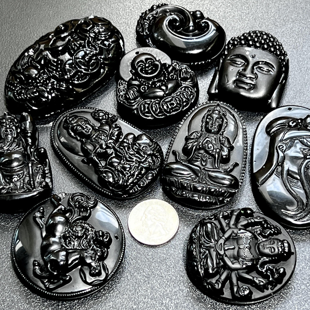 Black Obsidian Large Drilled Medallion Carvings - Mixed