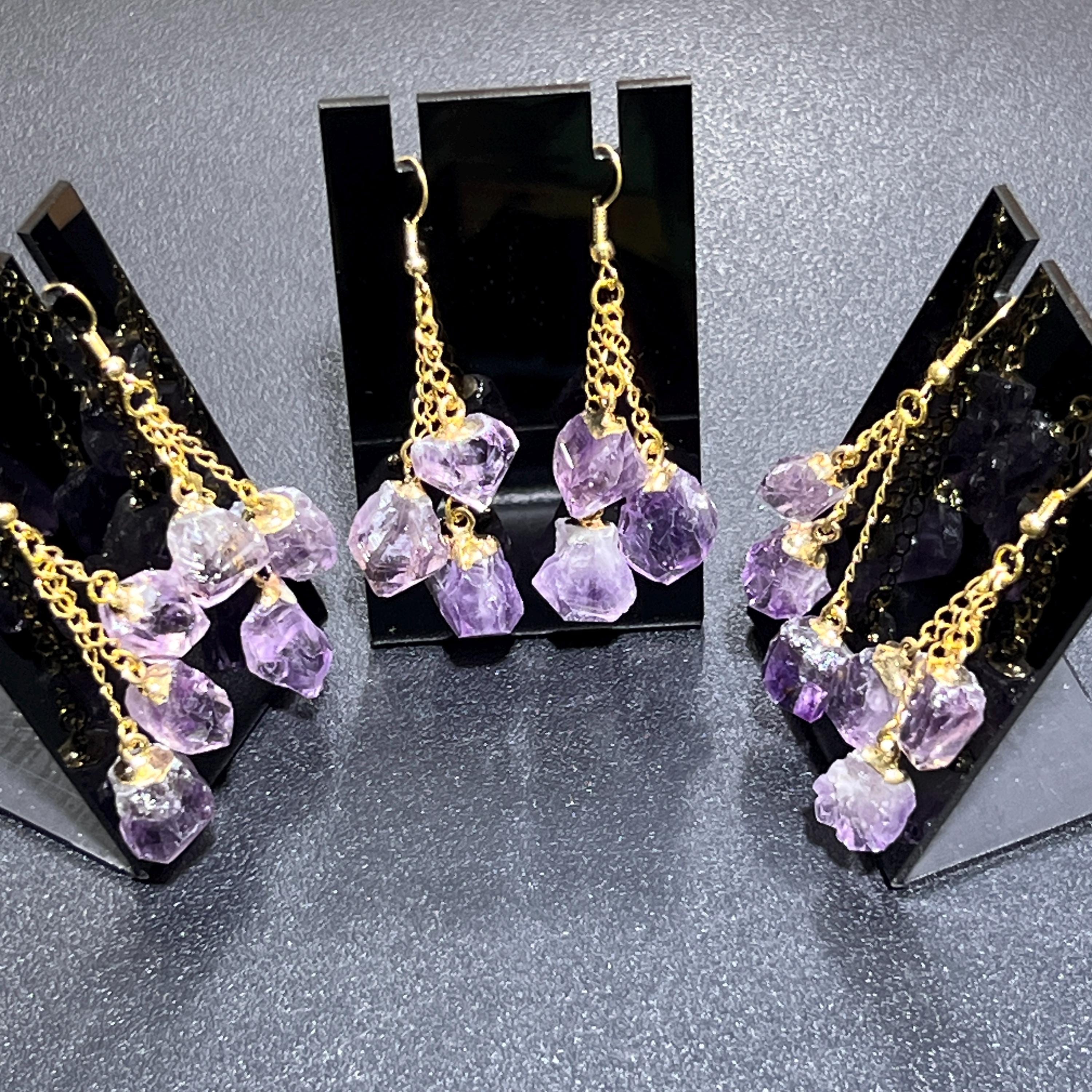 Amethyst Triple Crystal Point Long Dangle Earrings Pair (Gold Plated)