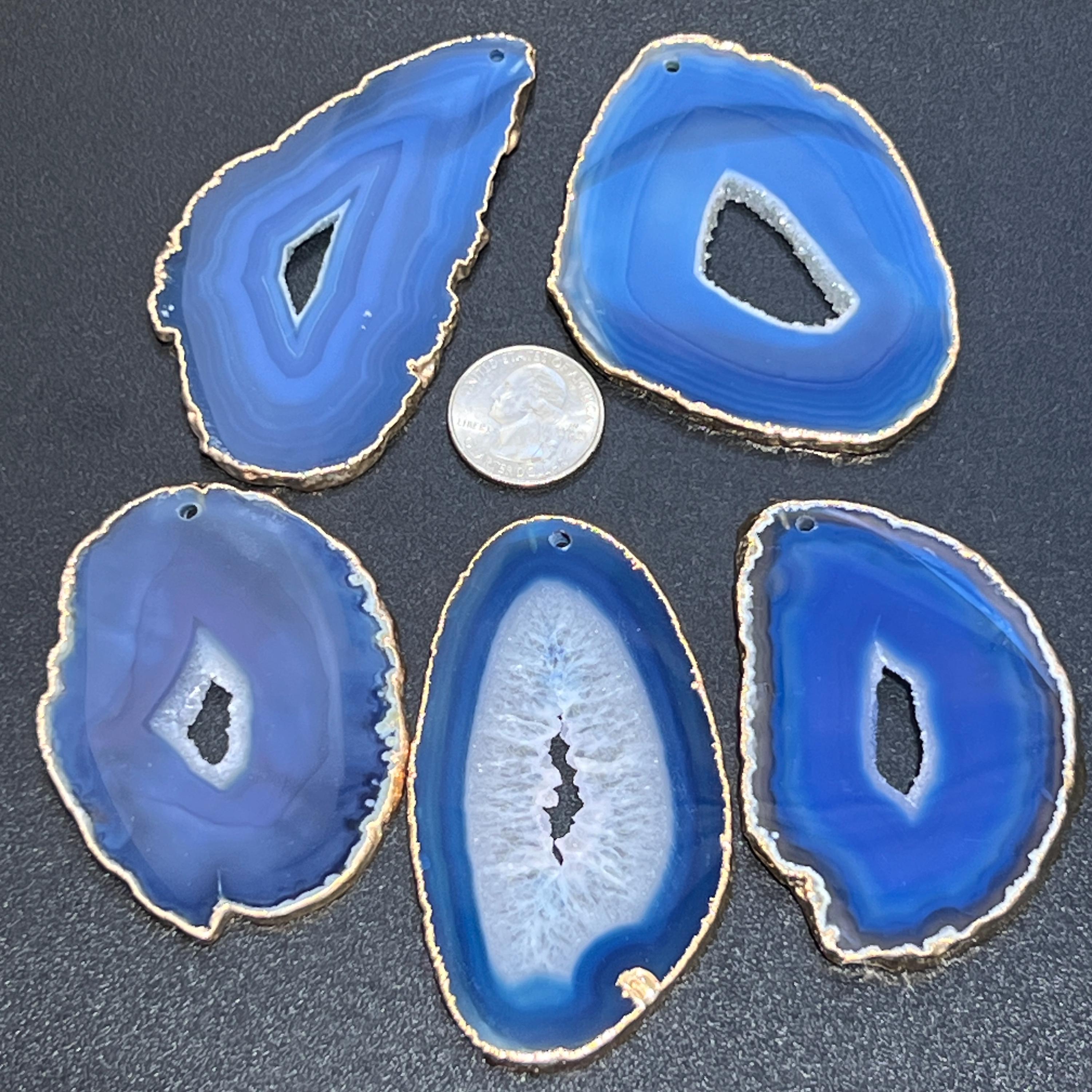 Blue Agate Slices (2mm Drilled Hole, Gold Plated Edges)