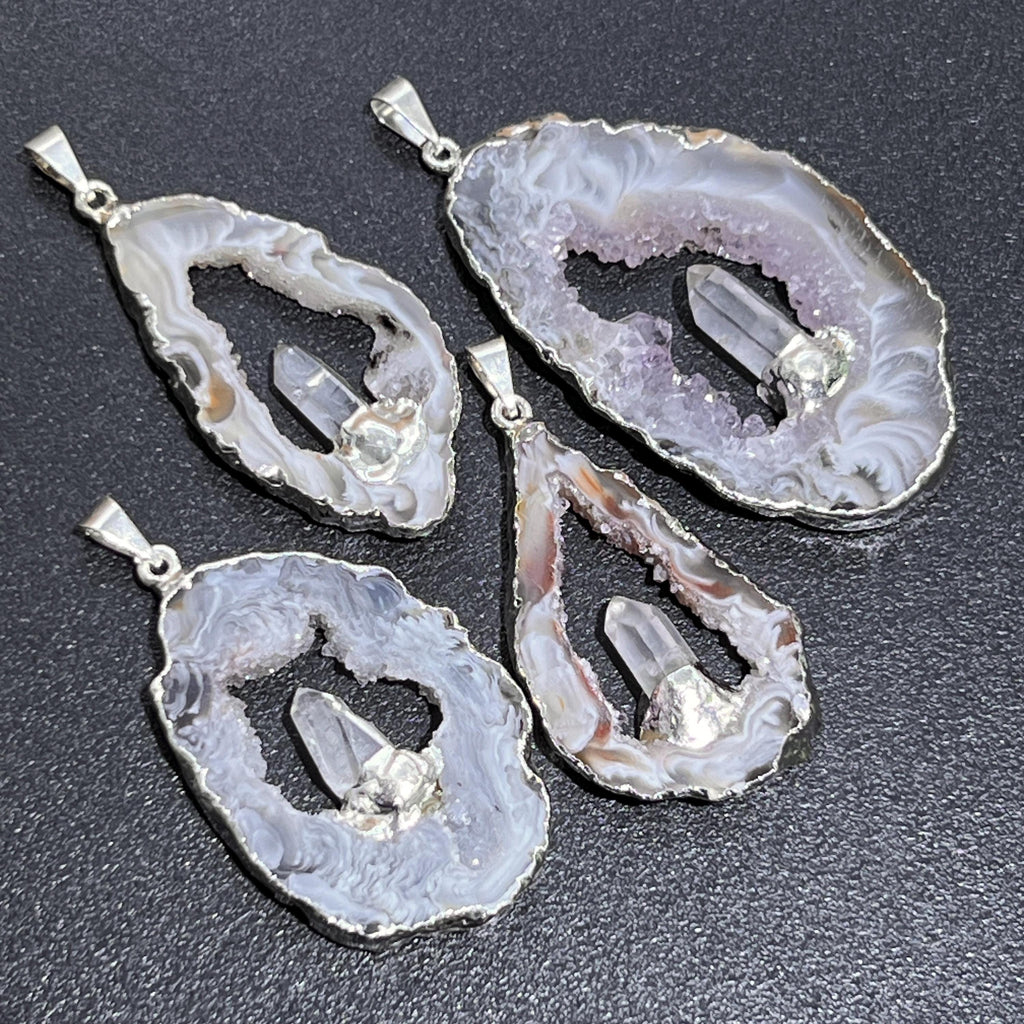 Oco Geode Druzy with Quartz Crystal Point Pendant (Silver Plated)