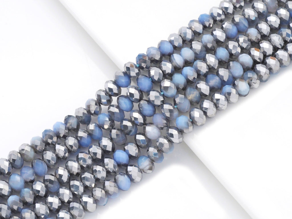 Natural Half Silver Plated Blue Banded Agate Rondelle Faceted Beads, Sku#UA291