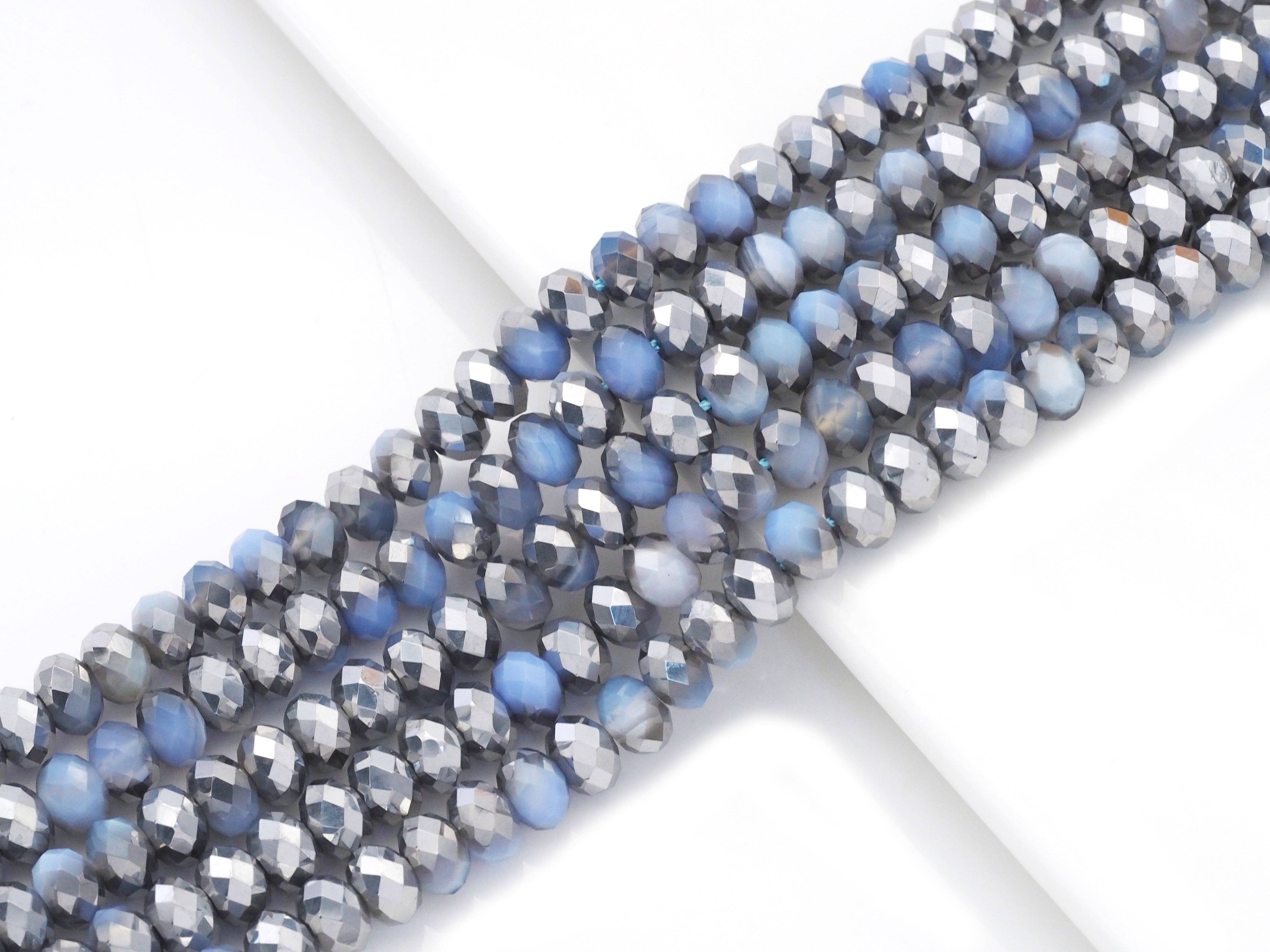 Natural Half Silver Plated Blue Banded Agate Rondelle Faceted Beads, Sku#UA291