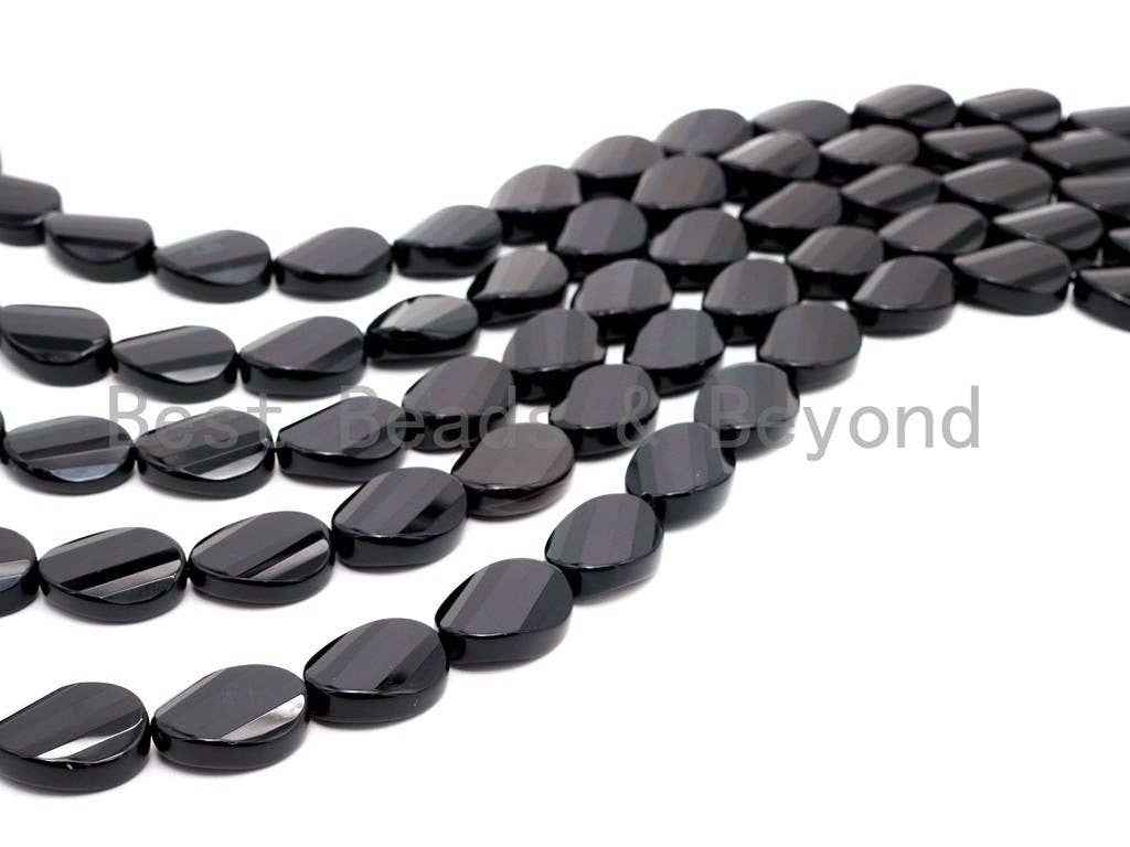 Quality Black Onyx Twisted Oval Faceted Beads 10x14mm 13x18mm 15x20mm Natural Gemtones, Black loose Beads, 15.5" Full Strand, SKU#Q20