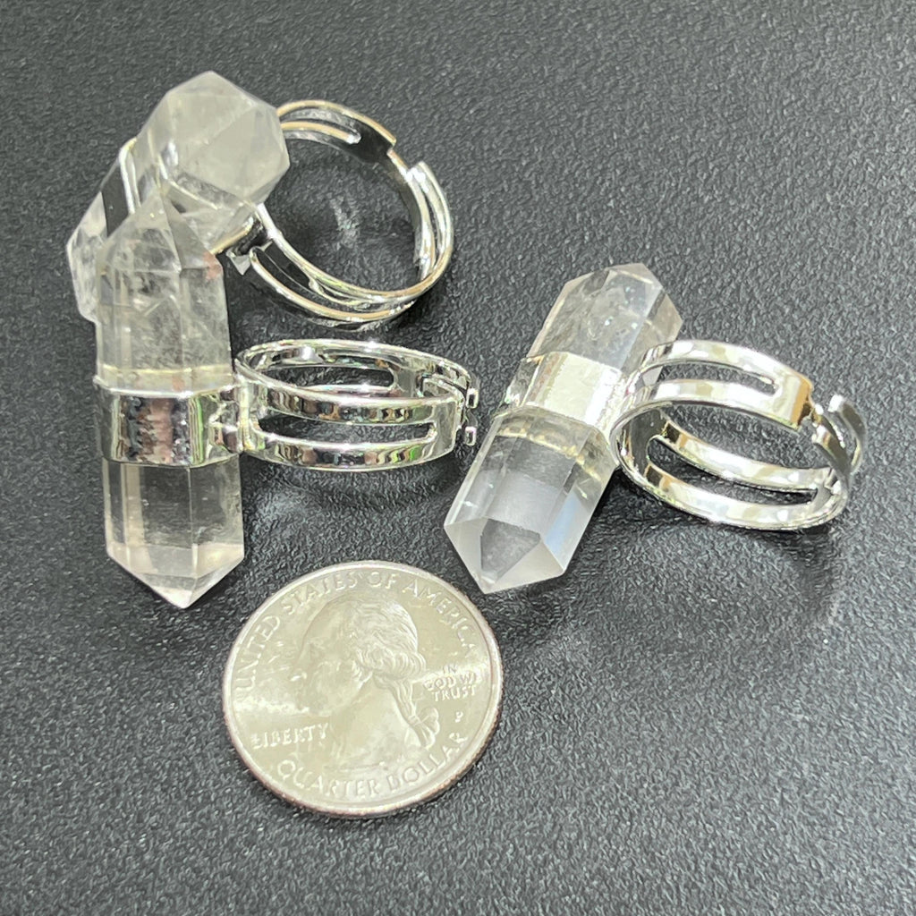 Quartz Crystal Point Adjustable Ring (Silver Plated)