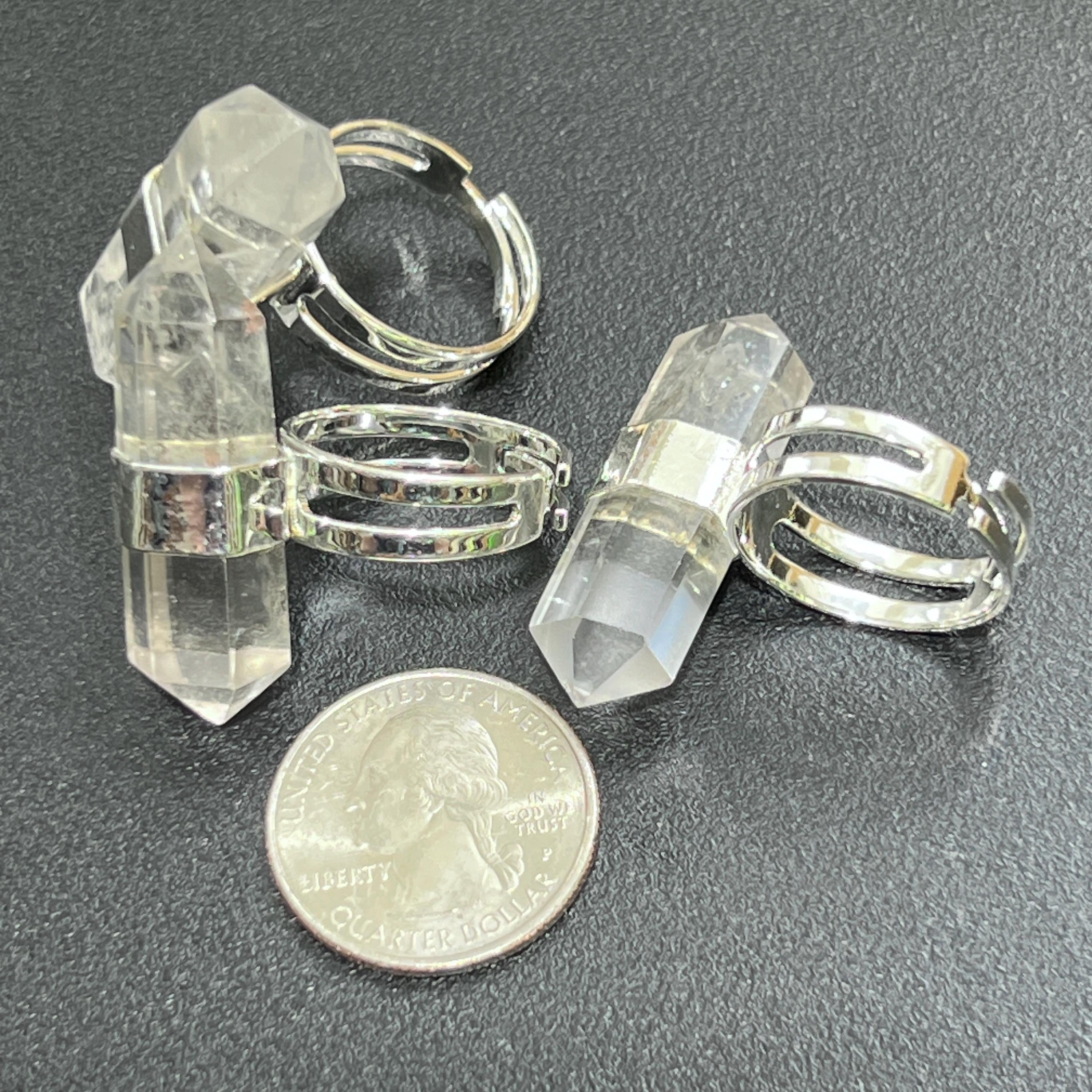 Quartz Crystal Point Adjustable Ring (Silver Plated)