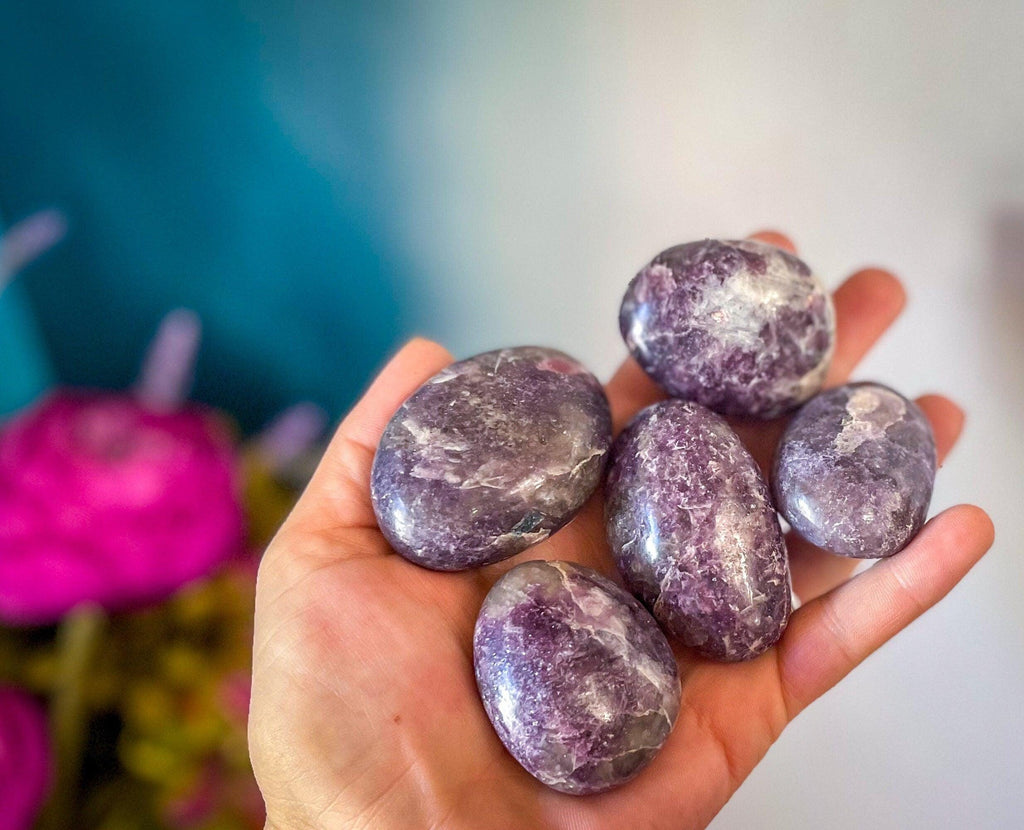 Lepidolite palm stone for TRANQUILITY