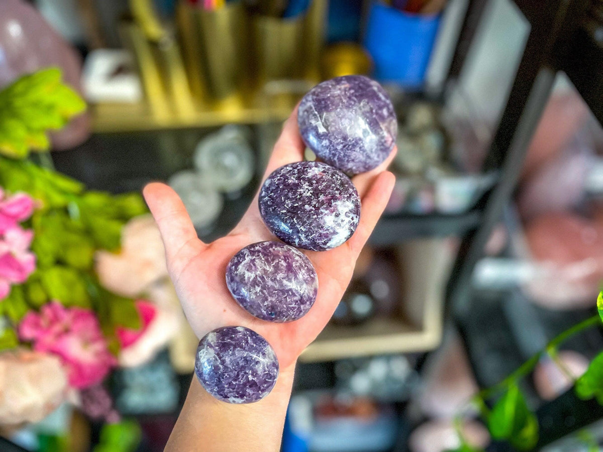 Lepidolite palm stone for TRANQUILITY