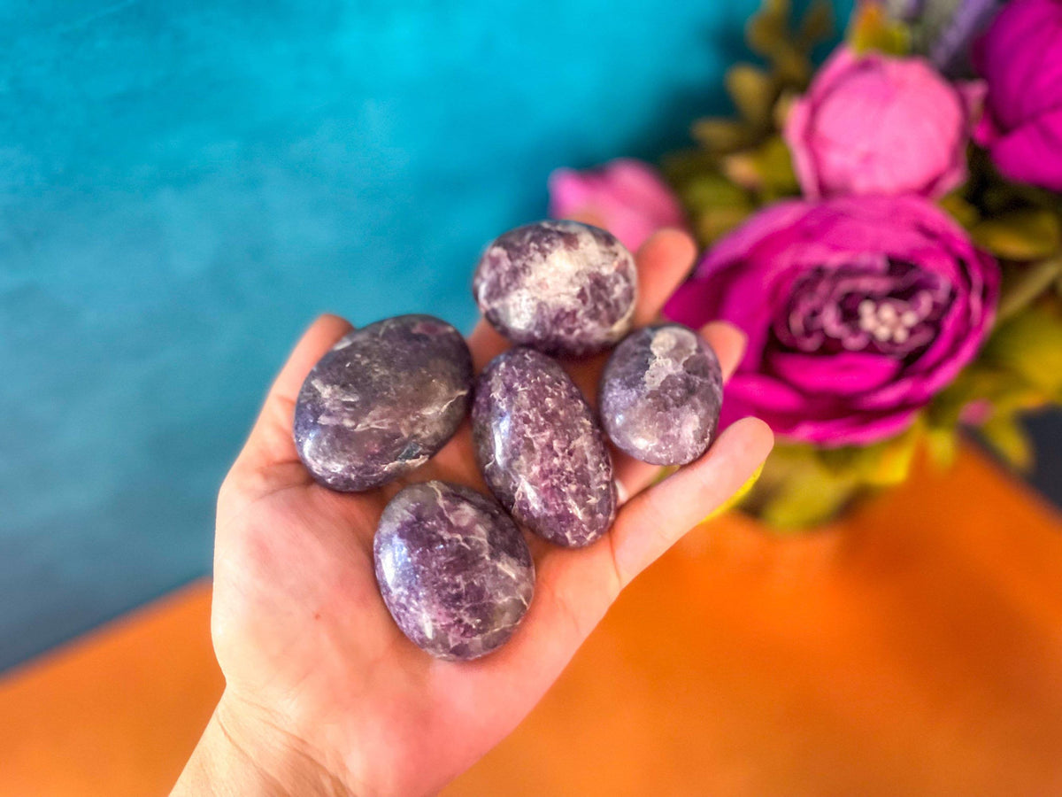 Lepidolite palm stone for TRANQUILITY